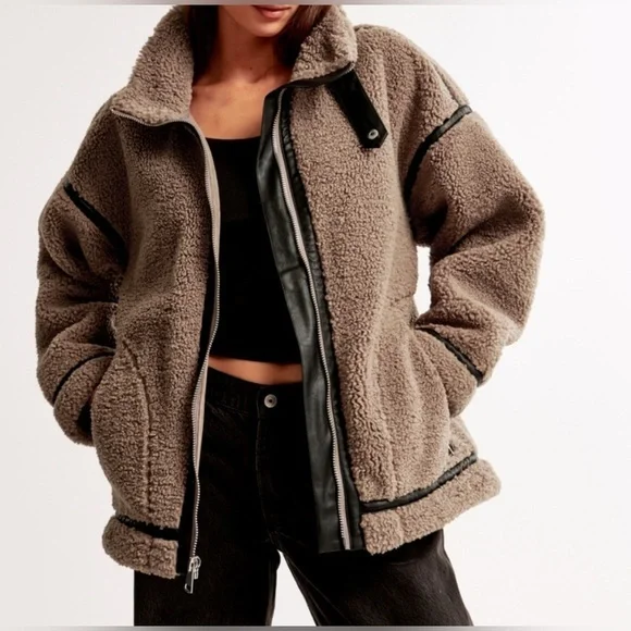 Abercrombie and Fitch Sherpa Aviator Jacket Brown Size XL - Picture 1 of 6
